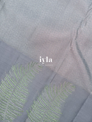 The Pewter Grey Hand Drawn Checks Kanjeevaram With Palm Leaves Border